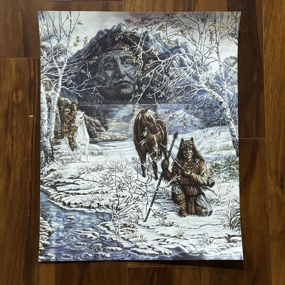 Vintage 1994 Jenelle Side Indian Trackers Poster Print Western Native Art 20x16